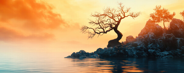 A gnarled, leafless tree stands solitary on a rocky island. Its twisted branches create intricate, dramatic shadows over the stone, capturing the stark beauty of nature's resilience.