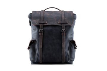 Dark gray canvas backpack with brown leather accents.