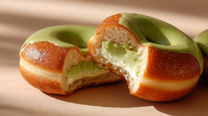 Matcha cream filled donut with green glaze and soft texture on brown surface in natural light