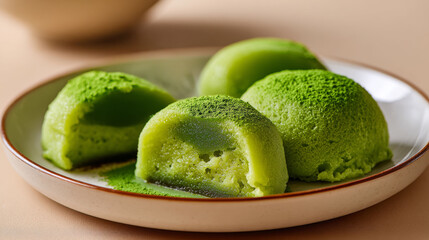 Green matcha mochi dessert with soft texture and powder topping served on ceramic plate, inviting and fresh