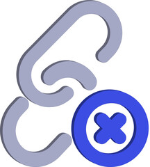 3d rendered graphic of a broken chain link symbol with a blue circle and cross icon indicating disconnection or removal isolated on transparent background