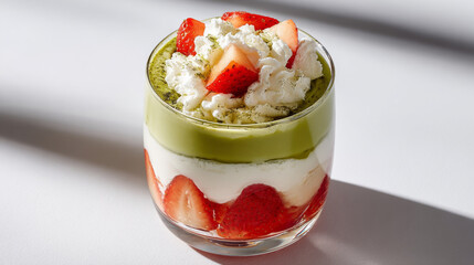 Matcha dessert with whipped cream and fresh strawberry slices in glass, showcasing vibrant colors and creamy texture