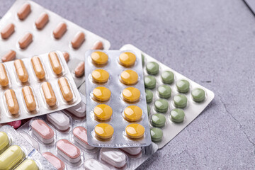 Variety of medicines and drugs.Medicine and healthcare concept.Variety of medicines and drugs.Medicine and healthcare concept.Pill for the prescription and treatment various diseases chemistry