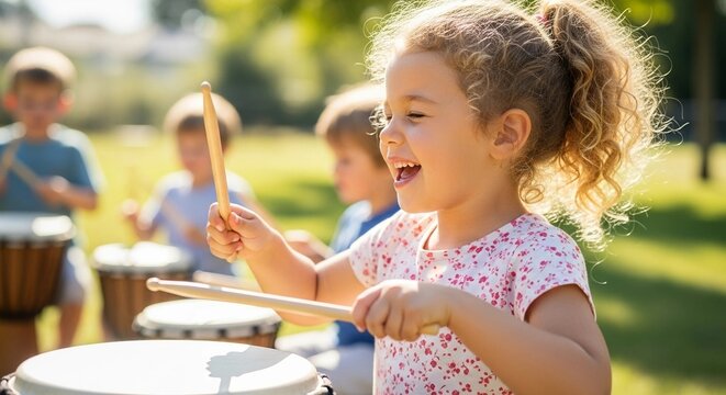 Smiling young girl playing a drum outdoors with other children, symbolizing joyful music education, early childhood development, group learning, and creative expression.
