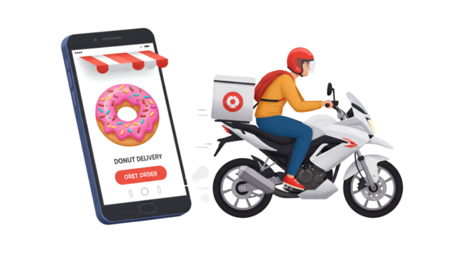 Illustration Mobile Food Order App with Donut and Motorcycle Delivery