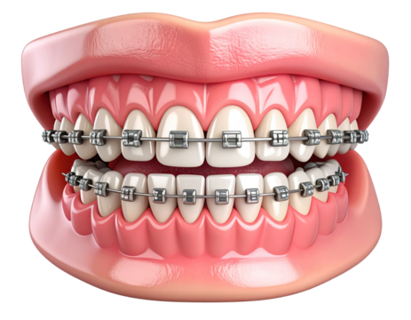 Dental Braces on Upper and Lower Teeth, Open Mouth View, Clinical Style, isolated on transparent background