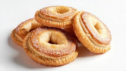 Six sugared donuts on a white surface, ready to be savored. A delectable choice for dessert lovers.