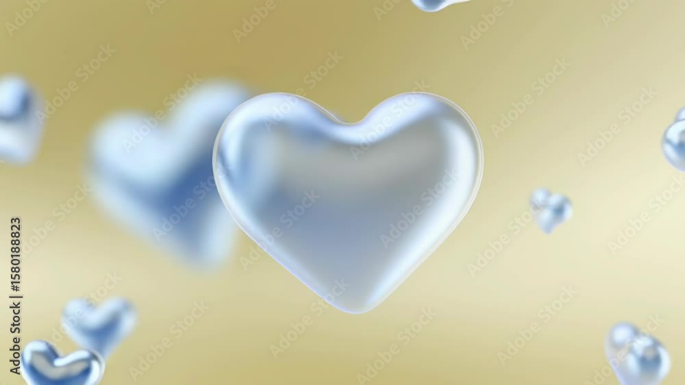 Poster animation. abstract illustration of translucent water droplets floating in a soft golden background,