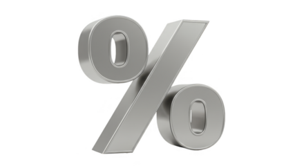 Glossy Silver Percentage Sign 3D Render on Transparent Background