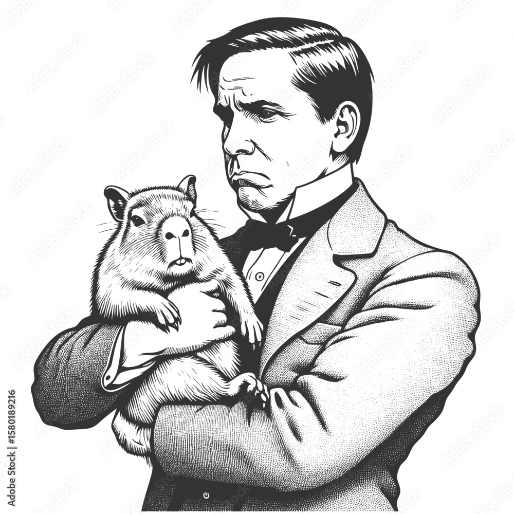 Poster man in a tuxedo holding a calm capybara sketch engraving generative ai fictional character vector il