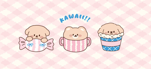 Set of Cute Kawaii Puppy and Bear Characters with Sweets Candy and Cup. Sweet Pastel Illustration.