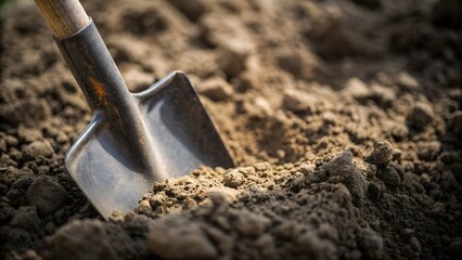 A shovel digs into rich soil, ready for planting in a garden or farm, symbolizing cultivation, agriculture, and the promise of growth in nature.