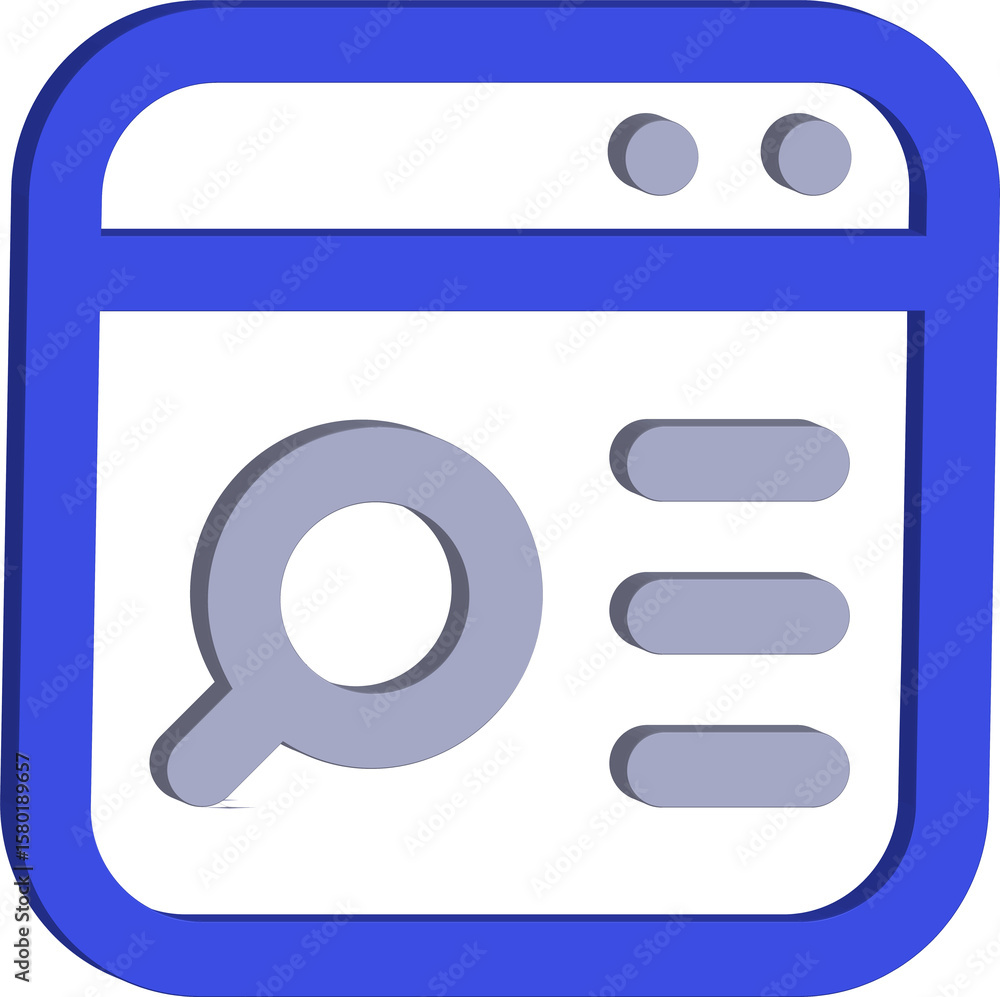 Poster Stylized 3d browser window icon with magnifying glass and list items on a transparent background isolated on transparent background