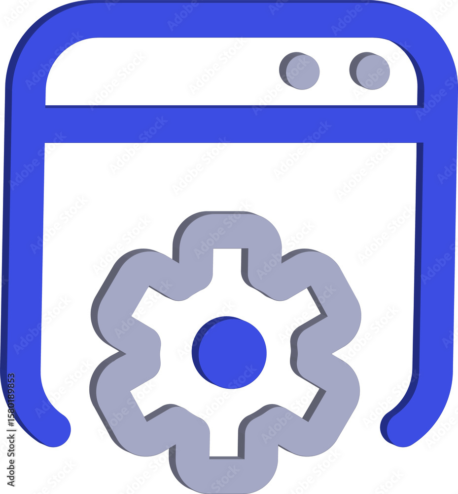 Poster 3d blue and grey gear icon inside a browser window with three dots on a transparent background isola