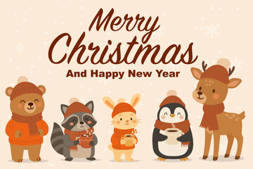Cute forest animals in winter clothes holding hot cocoa, Merry Christmas and Happy New Year greeting card with bear, raccoon, bunny, penguin, and deer on snowy beige background
