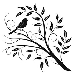 Obraz premium Elegant Bird Silhouette on Decorative Branch – Black Vector for Nature & Art Design