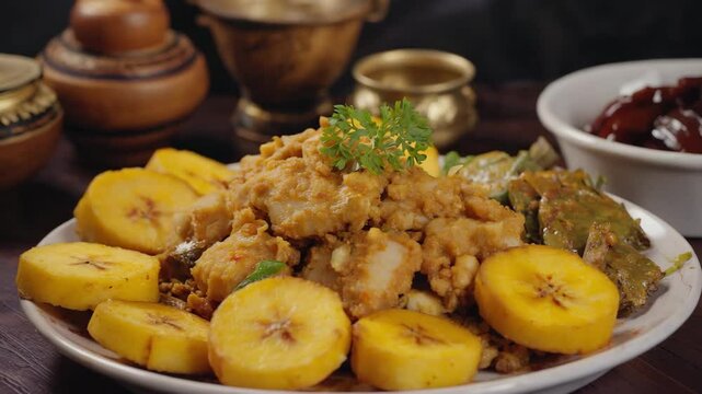 Traditional Caribbean dish, Ackee and saltfish, Served on a rustic plate with fried plantains, Rich yellow and red hues, Warm soft light
