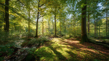 Autumn forest scene with sunlight filtering through the trees, creating a beautiful and peaceful landscape.