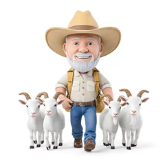 Gardinen Cheerful cartoon farmer leads a flock of white goats, showcasing a playful pastoral scene with a happy, healthy livestock. Ai Generated Images © udin