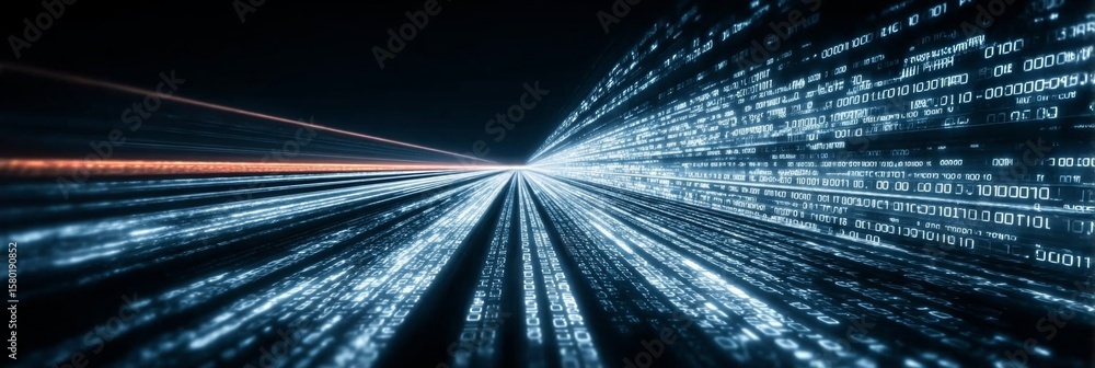 Poster futuristic data stream with digital binary code tunnel, glowing connections, and motion effects