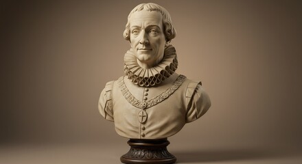 Beige bust of a man in historical attire featuring a ruff patterned necklace and cross pendant on a carved wooden base