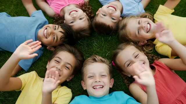 Group of diverse boys and girls children lying down together on green grass in circle and wave hands. Weekend in park. Kids looking up and smiling. Happy childhood and diverse friendship unity. Video
