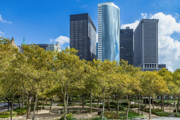 Fototapeta premium Battery park. Lower Manhattan skyline view from ferry. New York City, USA. Horizontally. 