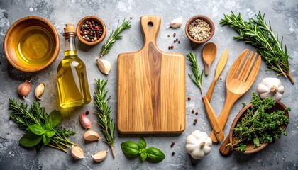 Organic Kitchen Flat Lay with Olive Oil, Herbs, Garlic & Wooden Utensils