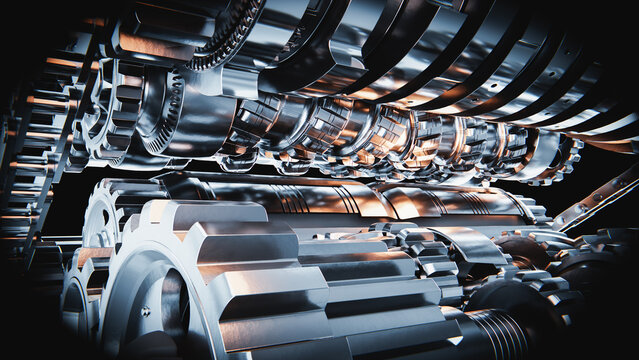 Complex engine internals working with gears rotating and pistons pumping