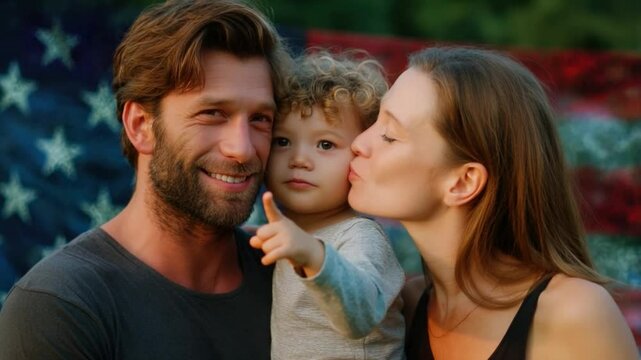 Family portrait with American Flag: A heartwarming family moment captured with a proud father, a loving mother, and their adorable child. An American flag adds a symbolic touch.