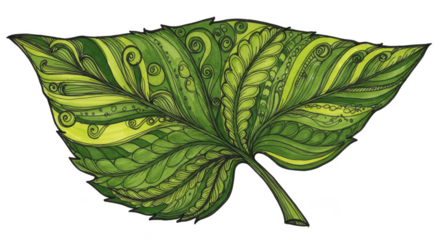 Green Leaf Detailed Botanical Illustration Isolated Transparent Background