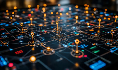 Abstract digital network graphic with glowing nodes and connections.