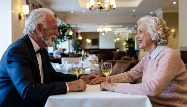 Una pareja senior sentados  en la mesa de un restaurante celebrando su compromiso y amor a lo largo de los a&ntilde;os