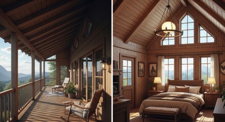 Naklejka premium Cozy Mountain Cabin Retreat With Serene Porch Views and Rustic Bedroom Ambiance