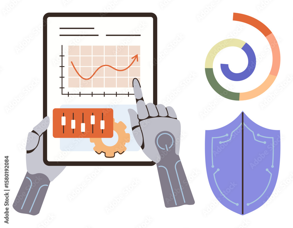 Poster robotic hands reviewing a growth chart on a tablet screen with gear, security shield, and analytics 