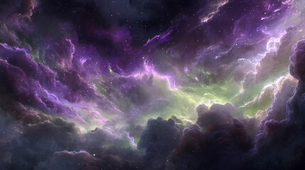 Fototapeta premium Cosmic Nebula with Purple and Green Gaseous Clouds in Dark Night Sky