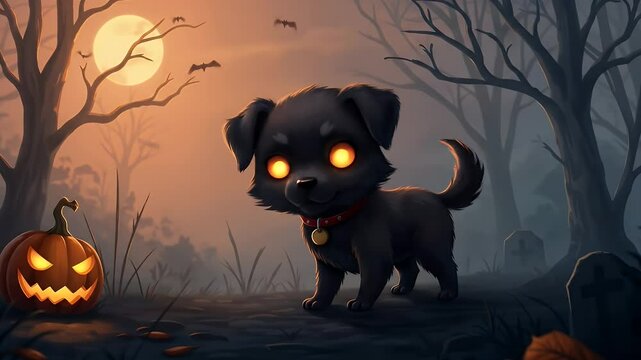 Pixelated Black Puppy with Glowing Eyes Next to Lit Jack O Lantern in Moonlit Foggy Graveyard Animation Scene for Halloween
