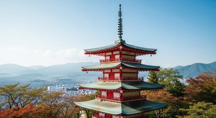 Historic Japanese Pagoda Stands Proudly Against a Beautiful Blue Sky with Autumn Foliage