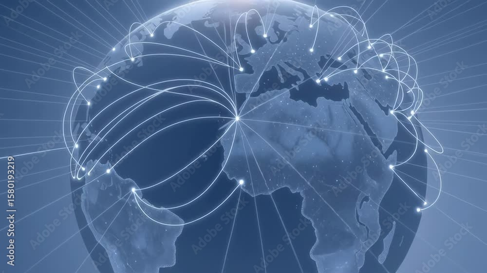 Poster animation. digital globe illustration depicting interconnected global networks with glowing lines re