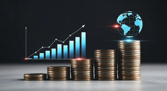 Stacked coins representing global financial growth, with a graph and globe overlay.