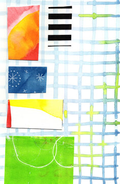 Abstract collage with colorful geometric patterns and copy space