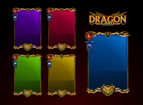 fantasy ancient medieval dragon theme trading card game design with color variations and golden frame