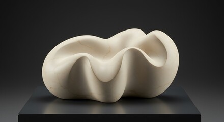 Creamcolored abstract stone sculpture with smooth undulating forms on a dark stand against a dark background