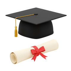 Illustration of Graduation Cap Diploma with Red Ribbon on Transparent