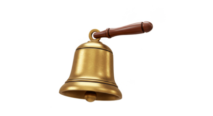 Golden Metal Bell with Wooden Handle Isolated Transparent Background