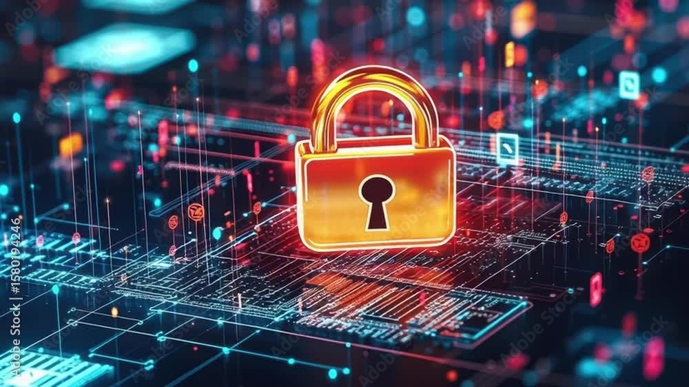 Poster digital padlock and glowing golden security symbol futuristic circuit board network showcasing advan