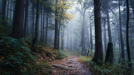 Fototapeta premium The autumn mist gently embraces a forest path, creating an enchanting and peaceful environment.