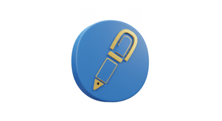Golden Pen on Blue 3D Icon Symbol Graphic Design on Transparent BG