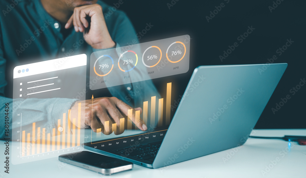 Poster a person analyzing digital graphs and data on a laptop, depicting business analytics and performance