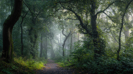 Obraz premium A misty forest path leads through a vibrant green woodland.